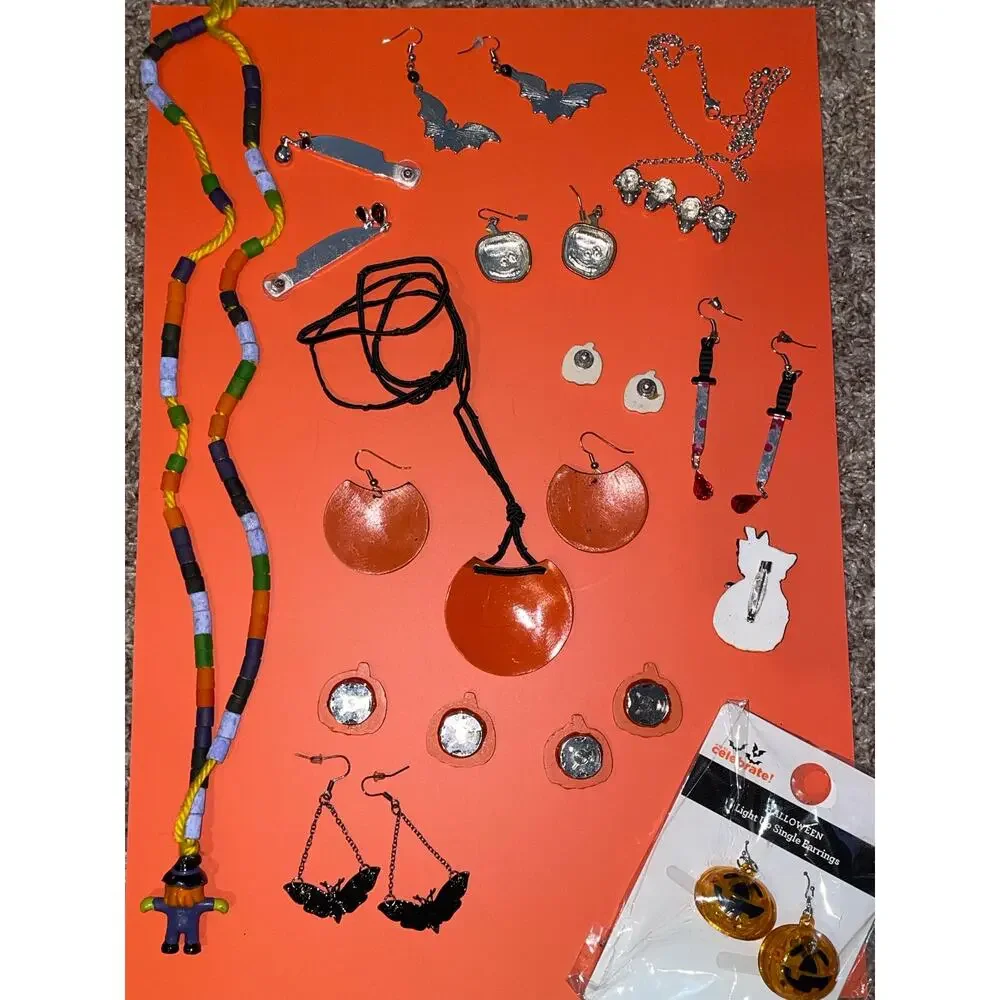 Halloween Costume Jewelry Lot Pumpkin Skull Bat Knife Witch Earrings Necklace